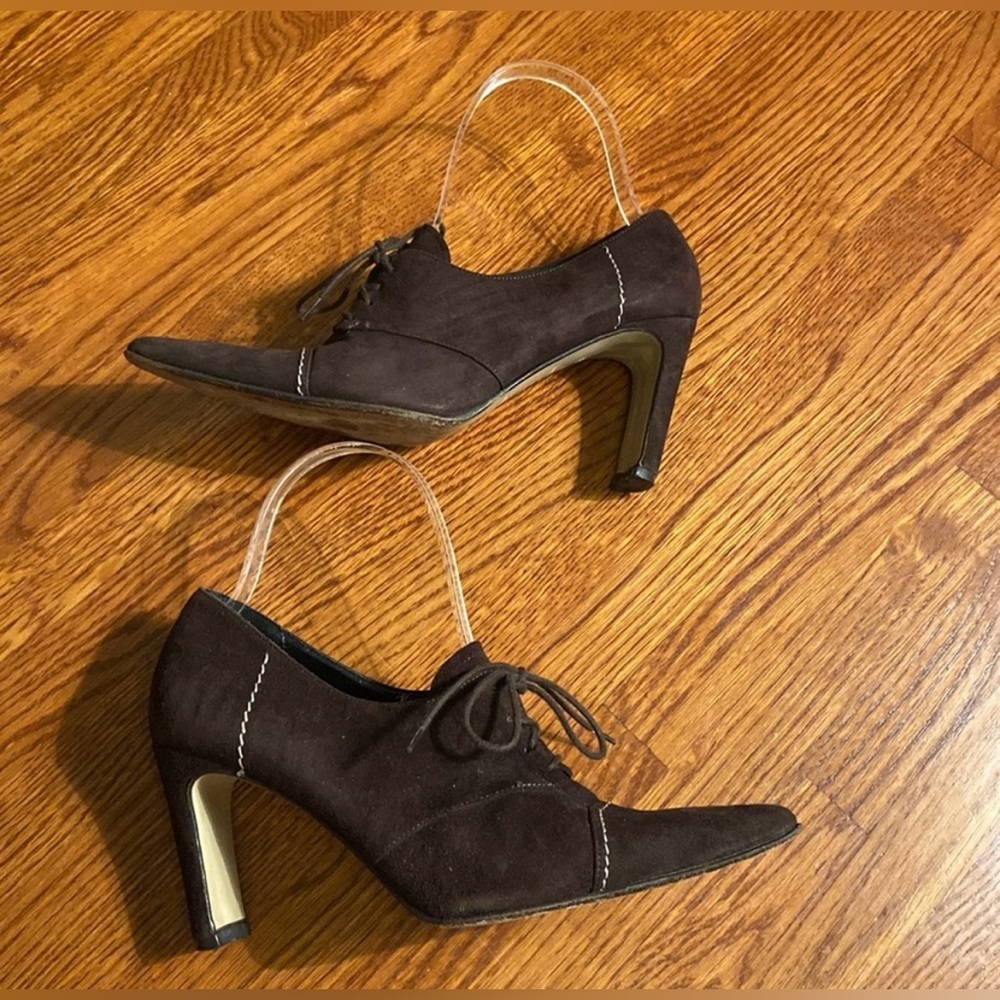 Phyllis Poland Brown Suede Lace up Heeled Booties Made in Italy size 7